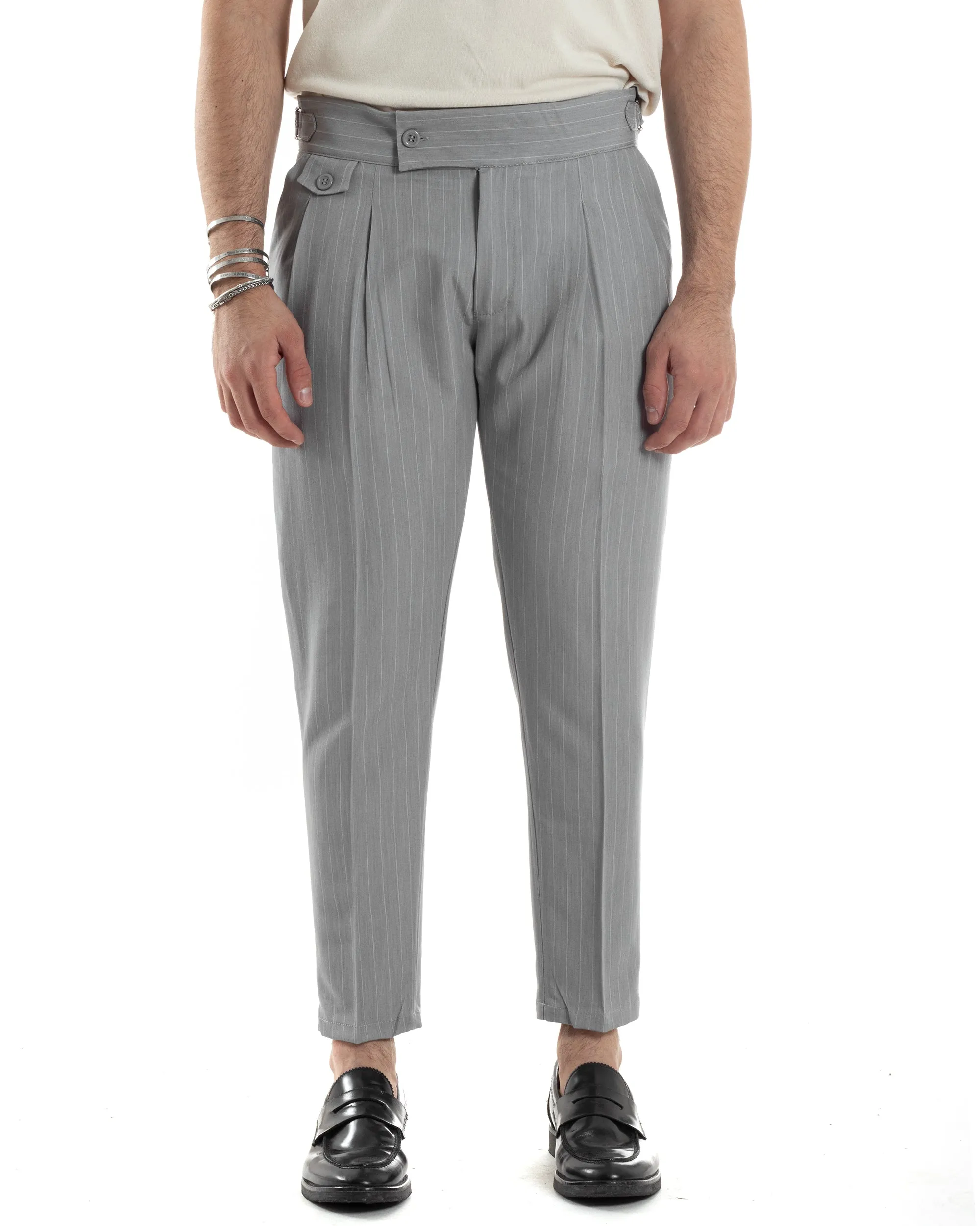 Pantaloni Uomo Classico Gessato Rigato Vita Alta Pinces Abbottonatura Allungata Fibbia Casual Grigio GIOSAL-P6088A