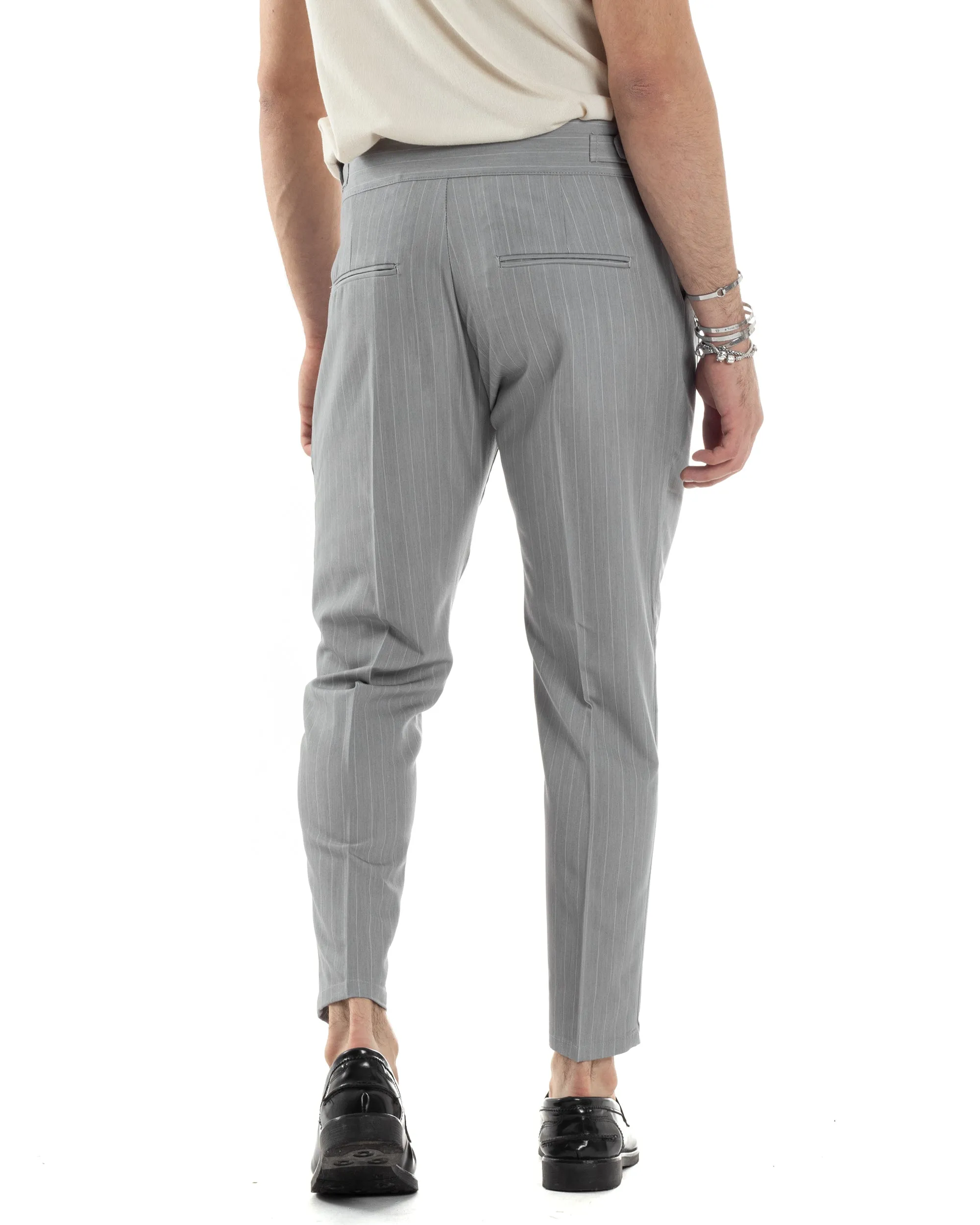 Pantaloni Uomo Classico Gessato Rigato Vita Alta Pinces Abbottonatura Allungata Fibbia Casual Grigio GIOSAL-P6088A