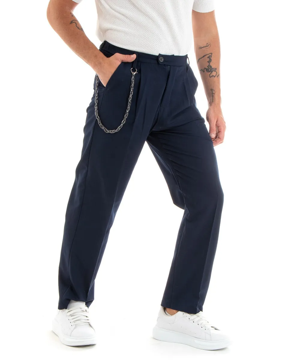 Pantaloni Uomo Lungo Viscosa Fondo Largo Elastico Sul Retro Abbottonatura Allungata Blu Casual Elegante GIOSAL-P5853A