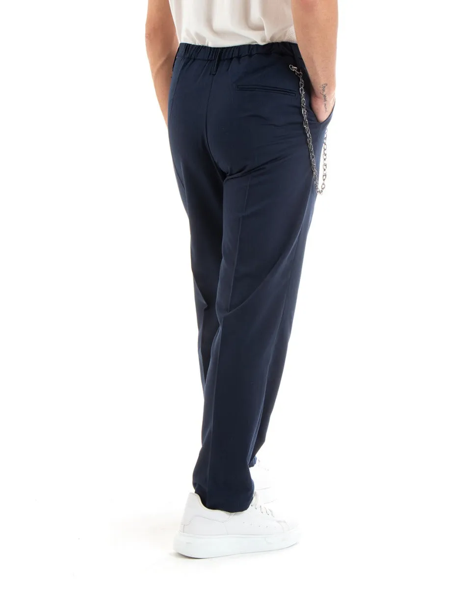 Pantaloni Uomo Lungo Viscosa Fondo Largo Elastico Sul Retro Abbottonatura Allungata Blu Casual Elegante GIOSAL-P5853A