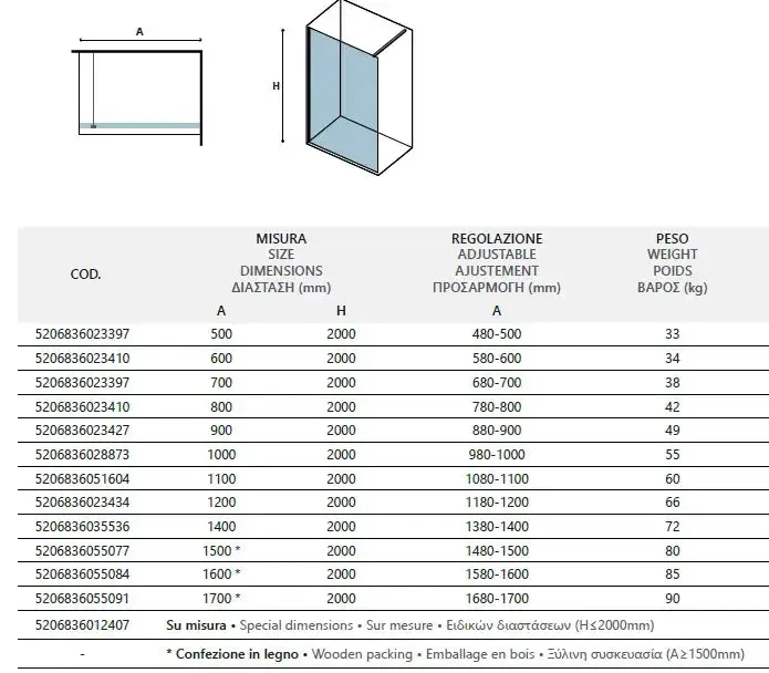 Parete Walkin H200cm Cristallo Trasparente 8mm Anticalcare