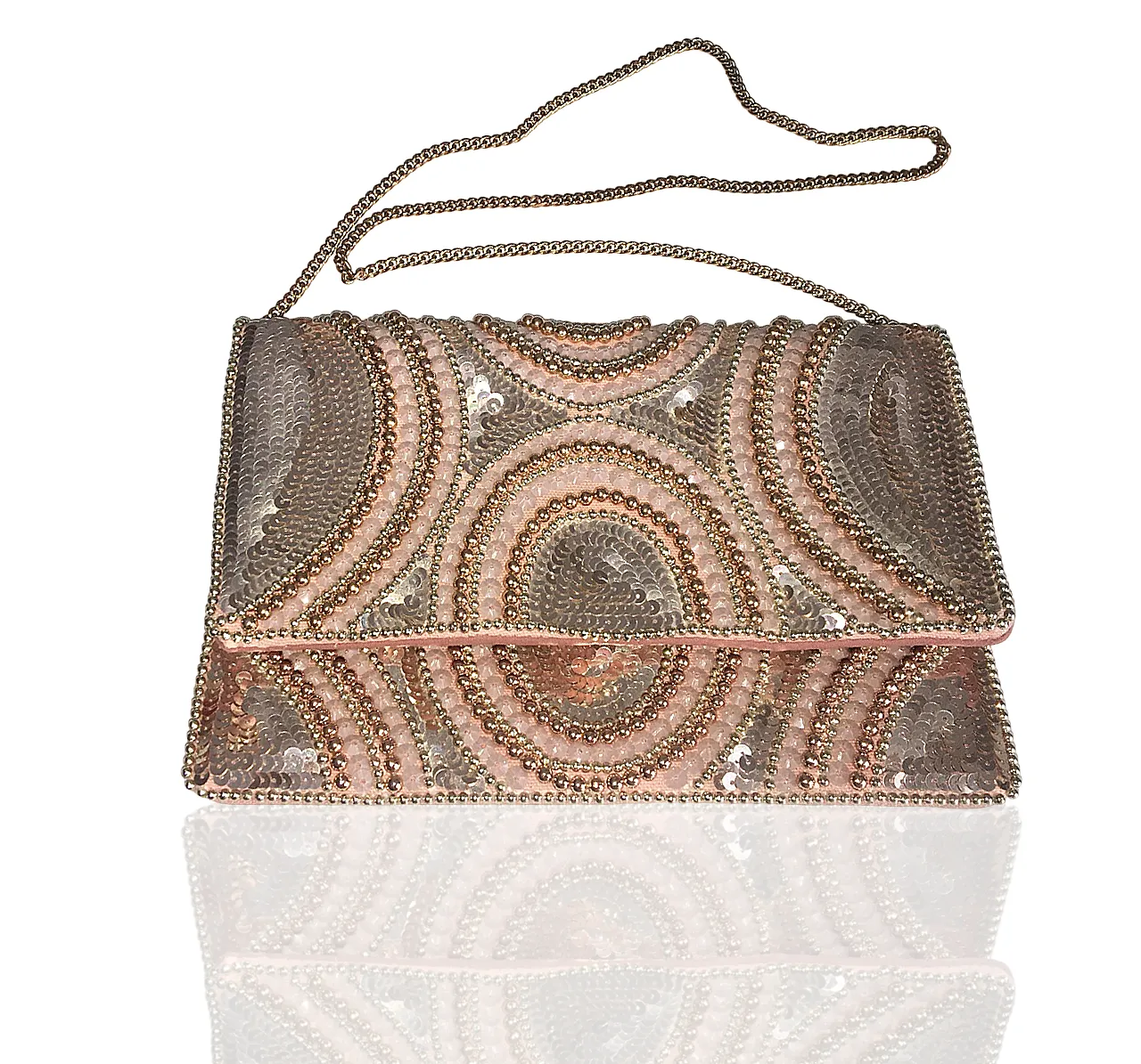 Pochette Aaditya rosa con corallini in tessuto made in India