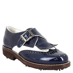 Scarpe con fibbia da golf uomo in pelle bianca e vernice blu